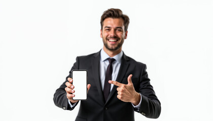 Sticker - Happy middle aged business man wearing suit holding smartphone in hands pointing at big mockup phone screen showing cellphone advertising new financial mobile phone app isolated on white background.