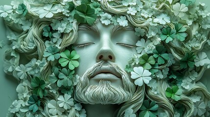 Wall Mural - intricate illustration of an irish man's face adorned with clovers and delicate flowers in a unique 