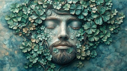 Wall Mural - intricate illustration of an irish man's face adorned with clovers and delicate flowers in a unique 
