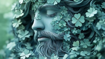 Wall Mural - intricate illustration of an irish man's face adorned with clovers and delicate flowers in a unique 