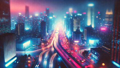 Blurred cityscape with vibrant neon lights and moving car trails, creating a dynamic blue and pink urban night scene.