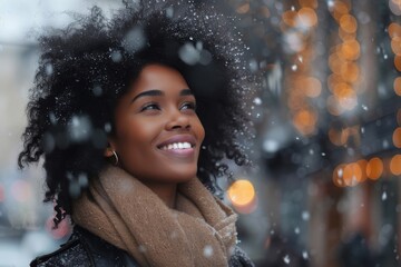 Joyful woman enjoying the rain outdoors in winter, showcasing her natural hair and trendy style while smiling in an urban setting