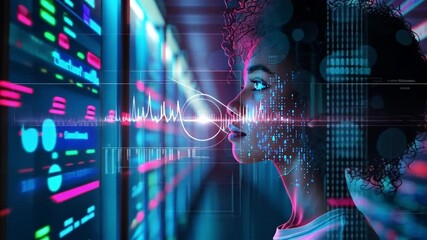 Poster - In a dimly lit lab, a young woman studies interactive digital displays with vibrant data visualizations, reflecting an atmosphere of advanced technology and innovation.