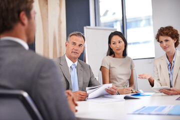 Poster - Meeting, documents and business people in discussion in office for planning, teamwork or collaboration. Corporate, professional and men and women with paperwork for feedback, review or finance report