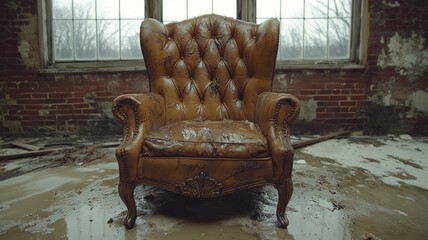 An old, worn leather armchair in a dilapidated room.