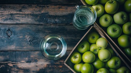 Wall Mural - A wooden table with green apples in crates and a glass jug, creating a fresh and natural scene.