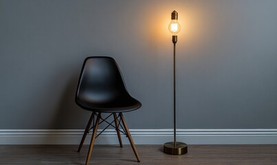 A black chair sits in front of a lamp