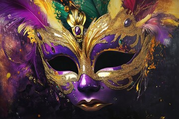 A vibrant Mardi Gras canvas features rich purple, green, yellow, and gold colors, decorated with feathers, beads, and a gem-encrusted mask, complemented by energetic paint splashes.