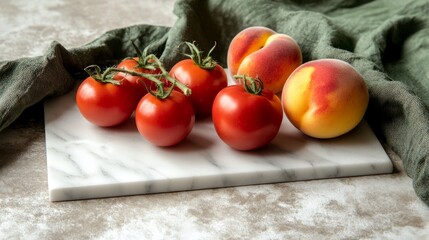 Sticker - Fresh tomatoes and peaches arranged on a marble surface with a green cloth.