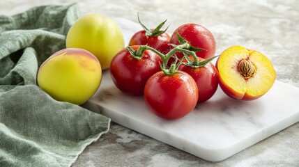 Sticker - Fresh tomatoes and peaches on a marble cutting board with a green cloth.