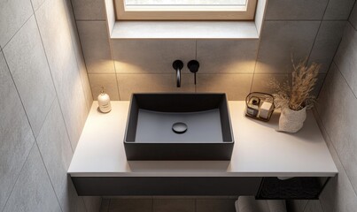 A black sink sits on a white countertop in a bathroom