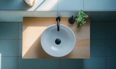 A sink with a black faucet sits on a wooden countertop in a bathroom