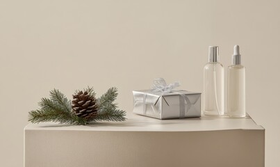 A Christmas gift box with a pine cone on top of a table