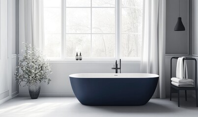 Wall Mural - A large blue bathtub sits in a bathroom with a window and a potted plant