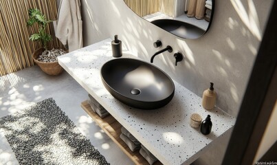 Wall Mural - A bathroom with a black sink and a mirror