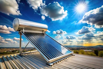 Wall Mural - reflected solar water heater boiler on rooftop against blue sky with white clouds in background