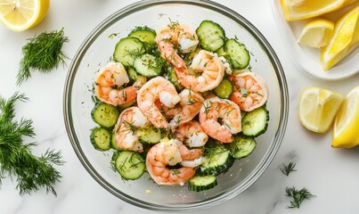 A bowl of shrimp and cucumber salad with lemon slices on the side