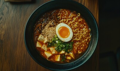 A bowl of ramen with egg and soy sauce