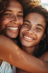 Joyful hug between mother and adult daughter outdoors, enjoying their vacation at the beach, celebrating love, support, and freedom under the sun