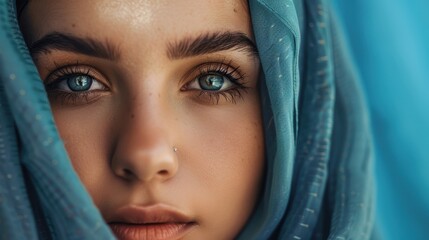 Portrait of a woman in a scarf against a blue backdrop, showcasing beauty, empowerment, and elegance in traditional attire