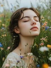 Poster - Peaceful Woman Surrounded by Vibrant Wildflowers in Serene Outdoor Setting