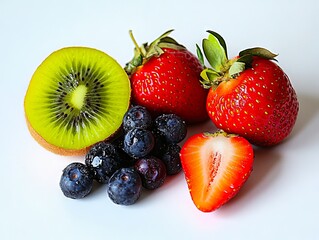 A close up of a kiwi strawberries blueberries and a strawberry on a white surface