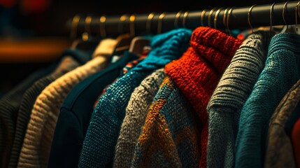 A row of sweaters hanging on a rack in a clothing store