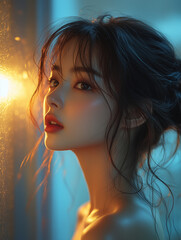 A young Korean woman with radiant skin poses elegantly under warm light in an intimate setting during the evening hours