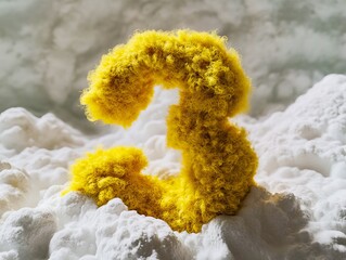 A yellow number 2 made out of yarn on a pile of snow