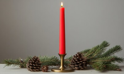 A red candle is lit in front of pine needles