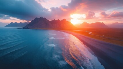 Wall Mural - Sunset over Mountain Range and Beach