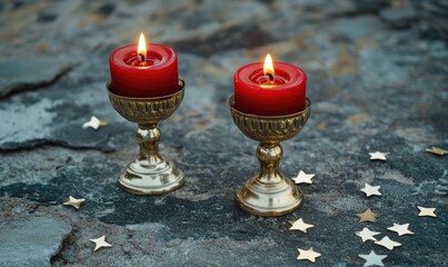 Two candles are lit on a stone surface