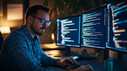 Programmer Working on Multiple Screens with Colorful Code