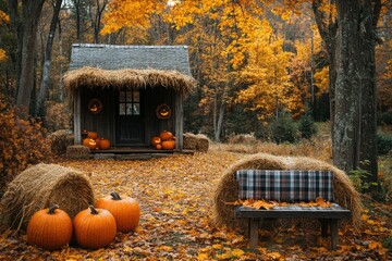 Rustic wooden cabin decorated with pumpkins for halloween in autumn forest