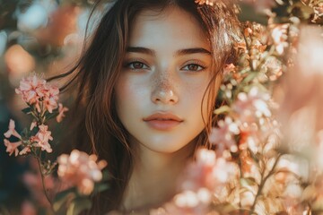 Poster - Beautiful teen girl surrounded by pink flowers posing in spring garden