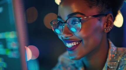 Woman with glasses joyfully reviewing investment statistics and trading analysis for stock market insights and broker research