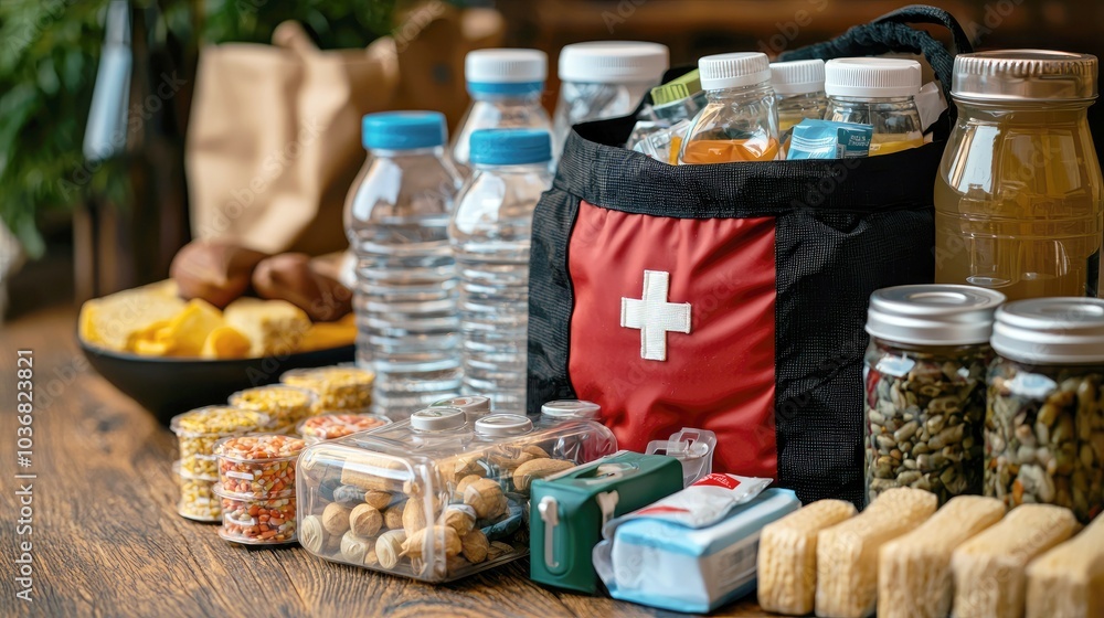 Emergency preparedness kit with food, water, and first aid supplies ...