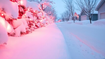 A serene winter scene featuring snow-covered streets illuminated by pink lights, creating a magical ambiance.