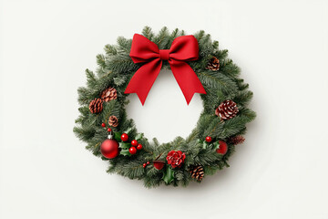 Festive Christmas wreath adorned with pine cones, red berries, and a red bow isolated on white background.