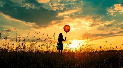 Canvas Print - Silhouetted Person Holding Balloon in Open Field at Vibrant Sunset