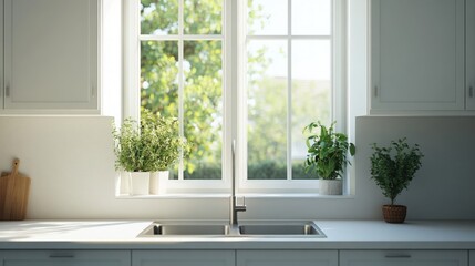 This image features a chic home kitchen with an elegant cabinet and a functional sink under a bright window.