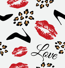 Wall Mural - Shoe and kiss pattern in leopard print on a gray background.