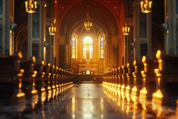 A beautiful church interior with many gold candles