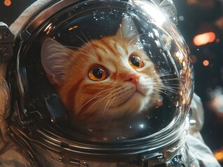 Wall Mural - A close-up of an orange tabby kitten in an astronaut helmet, floating in space with cosmic reflections on the visor, creating a whimsical and futuristic scene.

