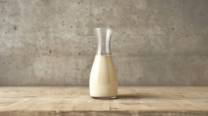 A bottle of milk sits on a wooden table, ready for use