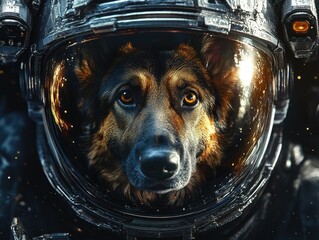 Wall Mural - A close-up of a German Shepherd in an astronaut helmet. The visor reflects stars and glowing cosmic light, blending adventure and nature in this futuristic space exploration image.
