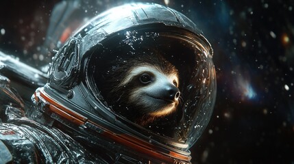 Wall Mural - Close-up of a sloth in space, wearing an astronaut helmet. Reflections of distant stars on the visor and the peaceful expression create a whimsical blend of nature and technology.
