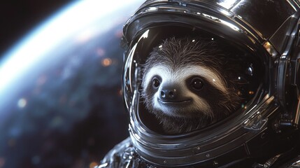 Wall Mural - Astronaut sloth floating in space, with a hyper-detailed helmet reflecting distant stars and Earth. A whimsical yet realistic take on space exploration.
