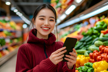 Wall Mural - Happy smiling Asian woman wearing burgundy jacket shopping in supermarket and use smartphone for help.