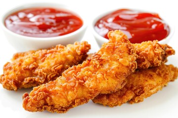 A plate of fried chicken served alongside a bowl of ketchup, perfect for a casual meal or snack